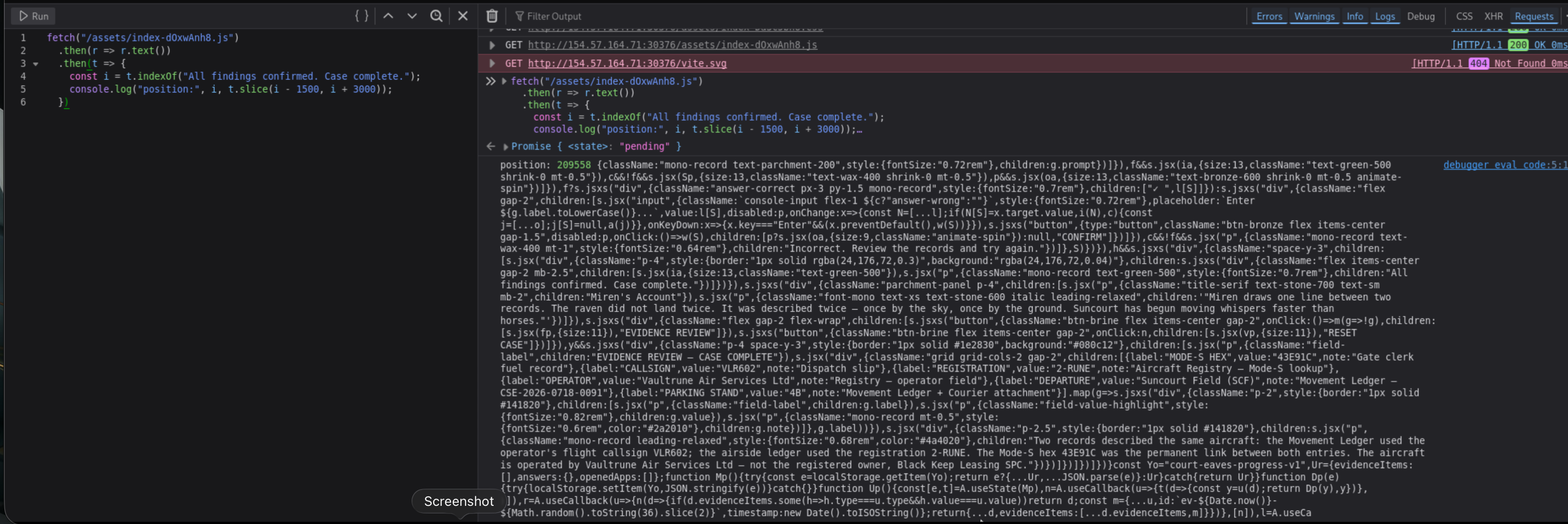 Firefox console locating the challenge completion code in the Vite bundle